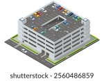 Isometric multi-level parking garage filled with various colored cars. The detailed building has ramps, parking spots, and surrounding greenery