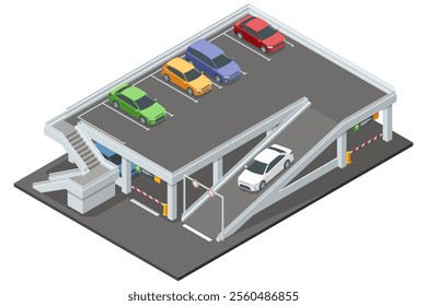 Isometric multi-level parking garage filled with various colored cars. The detailed building has ramps, parking spots, and surrounding greenery