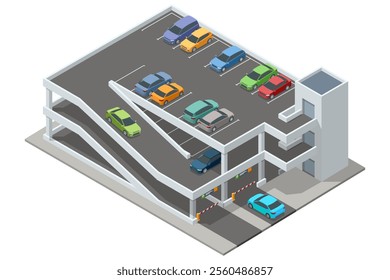 Isometric multi-level parking garage filled with various colored cars. The detailed building has ramps, parking spots, and surrounding greenery