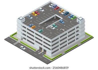 Isometric multi-level parking garage filled with various colored cars. The detailed building has ramps, parking spots, and surrounding greenery