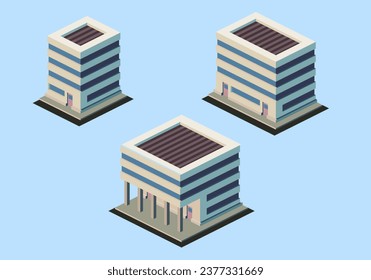 Edificio isométrico de varios pisos, ilustración vectorial.