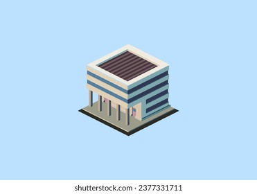 Edificio isométrico de varios pisos, ilustración vectorial.