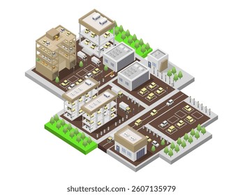 Isometric multi-storey car park on white background