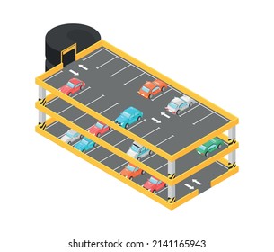 Isometric multistorey car park with parked vehicles and vacant lots 3d vector illustration