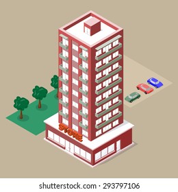 Isometric multistory building with store and balconies. There are cars, lawn and trees beside this. Vector illustration for your design.