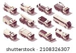 Isometric municipal utility trucks set. Vector illustration. Collection