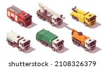 Isometric municipal utility trucks set. Vector illustration. Collection