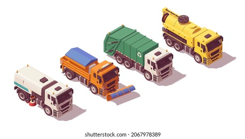 Isometric municipal utility trucks set. Street sweeper cleaner truck, snow plow truck, garbage truck, sewer sewage cleaning truck. Vector illustration. Collection