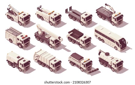 Isometric municipal utility trucks set. Vector illustration. Collection