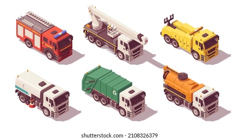 Isometric municipal utility trucks set. Vector illustration. Collection