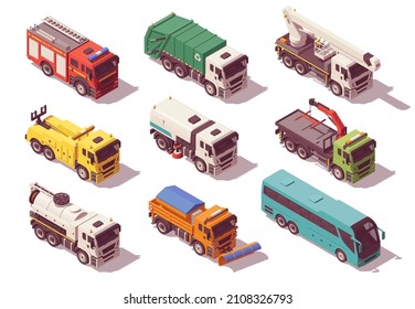 Isometric municipal utility trucks set. Vector illustration. Collection