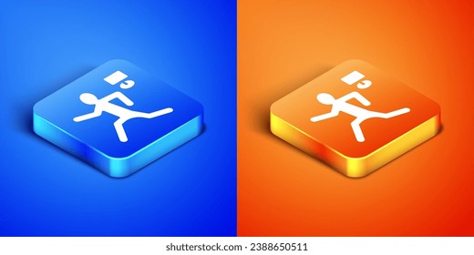 Isometric Murder icon aislado en fondo azul y naranja. Cuerpo, sangrado, cadáver, icono de sangrado. Concepto de escena del crimen. Botón cuadrado. Vector