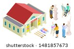 Isometric museum building. Vector art gallery. Artists, sculptors, restorers at work