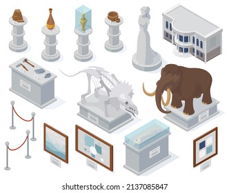 Isometric museum exhibits, ancient statue, art exhibition and archeology exposure. Dinosaur bones and mammoth vector illustration. Art and primitive people tools. Ancient statue museum isometric