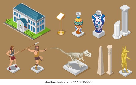 Isometric museum icons collection with building ancient vases columns egyptian constructions primitive people dinosaur pharaoh exhibits isolated vector illustration