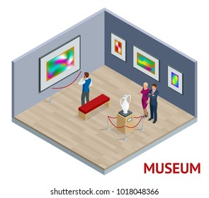 Isometric museum interior or art gallery concept. Exhibitions prehistory medieval history artefacts and art.