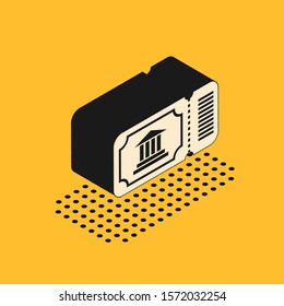 Isometric Museum ticket icon isolated on yellow background. History museum ticket coupon event admit exhibition excursion.  Vector Illustration