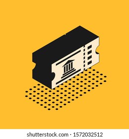 Isometric Museum ticket icon isolated on yellow background. History museum ticket coupon event admit exhibition excursion.  Vector Illustration