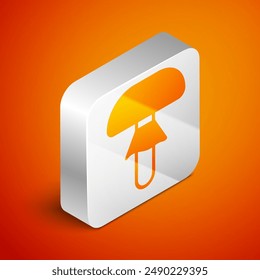 Isometric Mushroom icon isolated on orange background. Silver square button. Vector