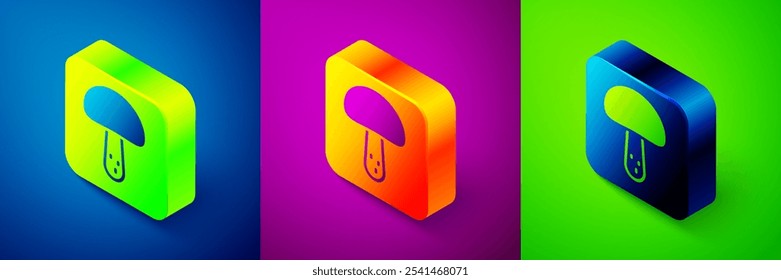 Isometric Mushroom icon isolated on blue, purple and green background. Square button. Vector