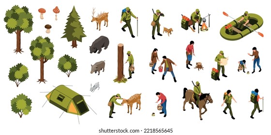 Isometric mushroom pickers fisher hunter set with isolated icons of forest trees animals with human characters vector illustration