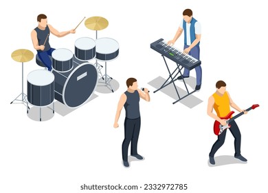 Isometric music band group perform on a concert stage. Drummer playing drums, rock star guitarist playing electric guitar, Rock band vocalist