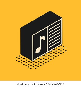 Isometric Music book with note icon isolated on yellow background. Music sheet with note stave. Notebook for musical notes.  Vector Illustration