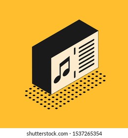 Isometric Music book with note icon isolated on yellow background. Music sheet with note stave. Notebook for musical notes.  Vector Illustration