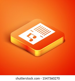 Isometric Music book with note icon isolated on orange background. Music sheet with note stave. Notebook for musical notes.  Vector Illustration