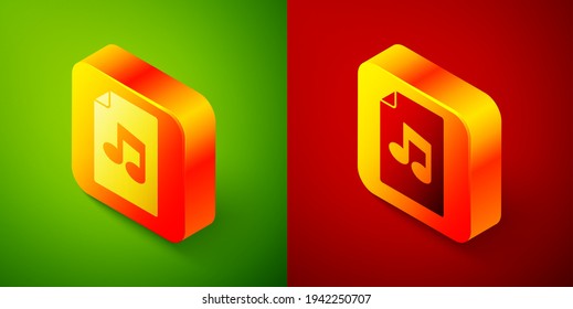 Isometric Music book with note icon isolated on green and red background. Music sheet with note stave. Notebook for musical notes. Square button. Vector