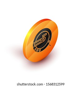 Isometric Music CD player icon isolated on white background. Portable music device. Orange circle button. Vector Illustration