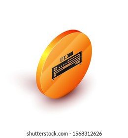 Isometric Music CD player icon isolated on white background. Portable music device. Orange circle button. Vector Illustration