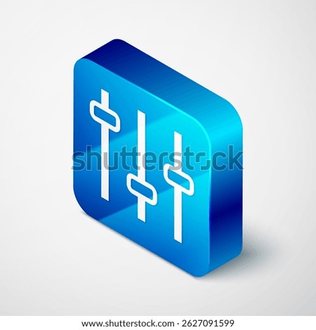 Isometric Music equalizer icon isolated on grey background. Sound wave. Audio digital equalizer technology, console panel, pulse musical. Blue square button. Vector