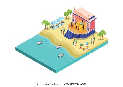 ISometric Music event Festival on the beach with blue sea and small boat, 3d Concept Isometric View of Concert Party Elements Background and Stage Landscape.