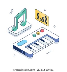 Isometrische Musiktastatur-Illustration mit Noten und Sound-Entzerrer
