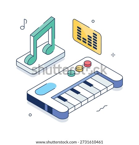 Isometric music keyboard illustration with notes and sound equalizer