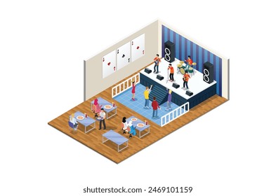 Isometric Music live, with indoor view of dancefloor stage and dancing people vector illustration