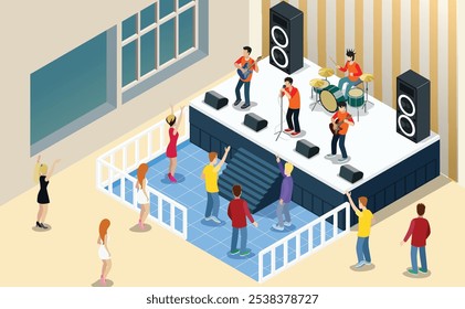 Isometric Music live, with indoor view of dancefloor stage and dancing people vector illustration