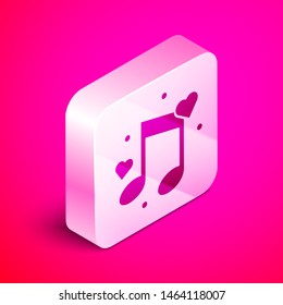 Isometric Music note, tone with hearts icon isolated on pink background. Silver square button. Vector Illustration