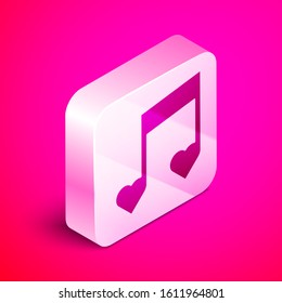 Isometric Music note, tone with hearts icon isolated on pink background. Valentines day. Silver square button. Vector Illustration