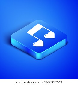 Isometric Music note, tone with hearts icon isolated on blue background. Valentines day. Blue square button. Vector Illustration