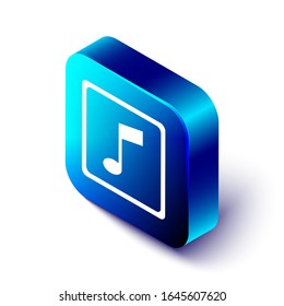 Nota musical isométrica, icono de tono aislado en fondo blanco. Botón cuadrado azul.  Ilustración vectorial