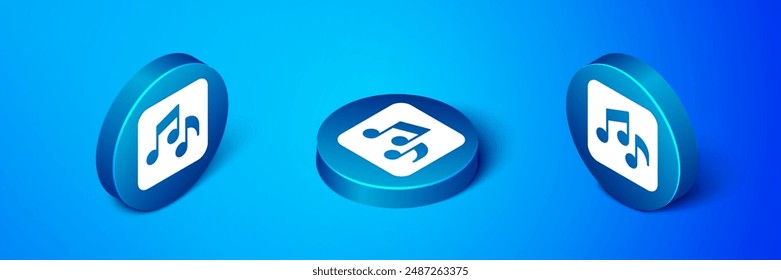 Isometric Music note, tone icon isolated on blue background. Blue circle button. Vector