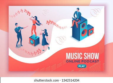 Isometric music radio show 3d illustration, modern concert poster, audio blog concept, vector landing page with people singing, microphone, guitar, podcast recording sound studio, living coral color 