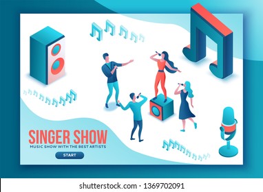 Isometric music radio show 3d illustration, modern concert poster, audio blog concept, vector landing page with people singing, microphone, guitar, podcast recording sound studio, living coral color 