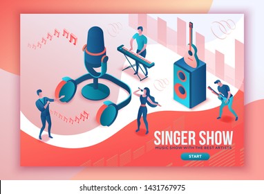 Isometric music radio show 3d illustration, modern concert poster, audio blog concept, vector landing page with people singing, microphone, guitar, podcast recording sound studio, living coral color 