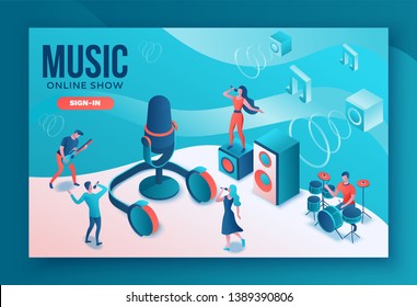 Isometric music radio show illustration, modern concert poster, audio blog concept, vector landing page with people singing, microphone, guitar, podcast recording sound studio.