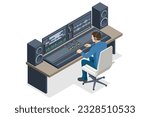 Isometric Music Recording Studio. Engineer working on recording studio mixer. Producer Working in Music Recording Studio