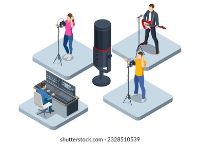 Estudio de grabación de música isométrica. Ingeniero trabajando en el mezclador de estudio de grabación. Micrófono de estudio. Mujer cantando en un micrófono de condensador