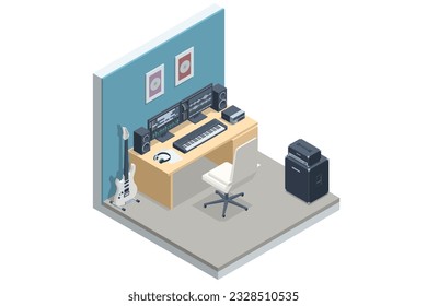 Isometric Music Recording Studio. Home music studio dj and producer equipment